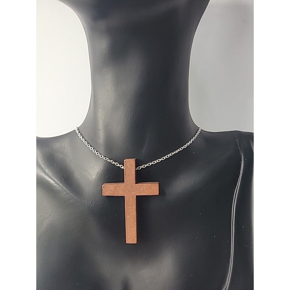Vintage Wooden Cross‎ Pendant Necklace Silver Tone Chain Jewelry